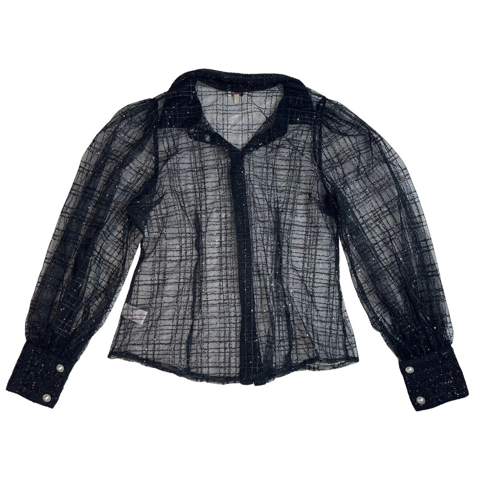 Black Plaid Sheer Sparkle Button Up Blouse Top Medium Whimsigoth Edgy Fairy - Picture 3 of 13